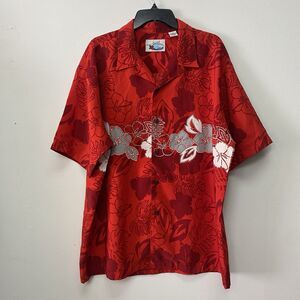 Ocean Current Hawaiian Shirt Mens XL Red Floral White Hibiscus Palms Tree Cruise